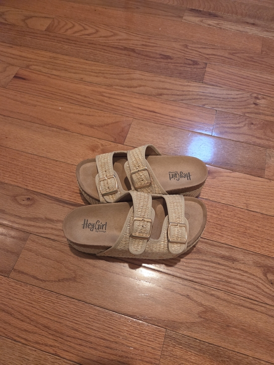 Hey Girl Shoes - Hey Girl Beige Woven Double-Buckle Slide Sandals